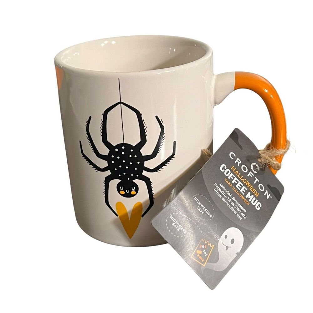 Halloween Coffee Mug Aldi Crofton Spider 12oz White Orange Stoneware Cup